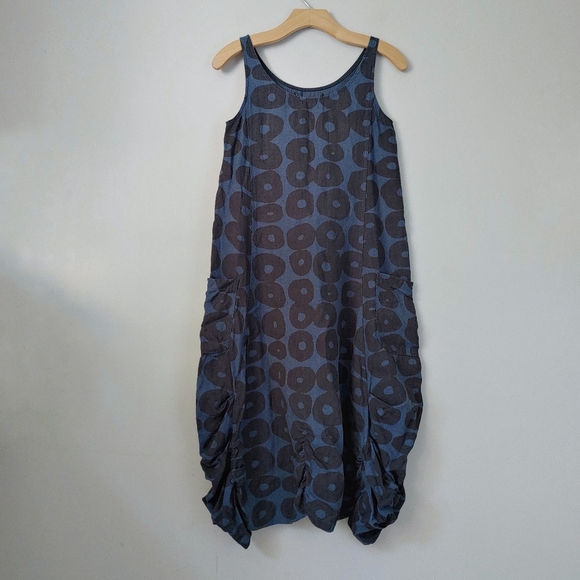 Lousje and Bean Dresses & Skirts - Lousje & Bean Issey Linen Dress Size Small Blue Dot Print Lagenlook